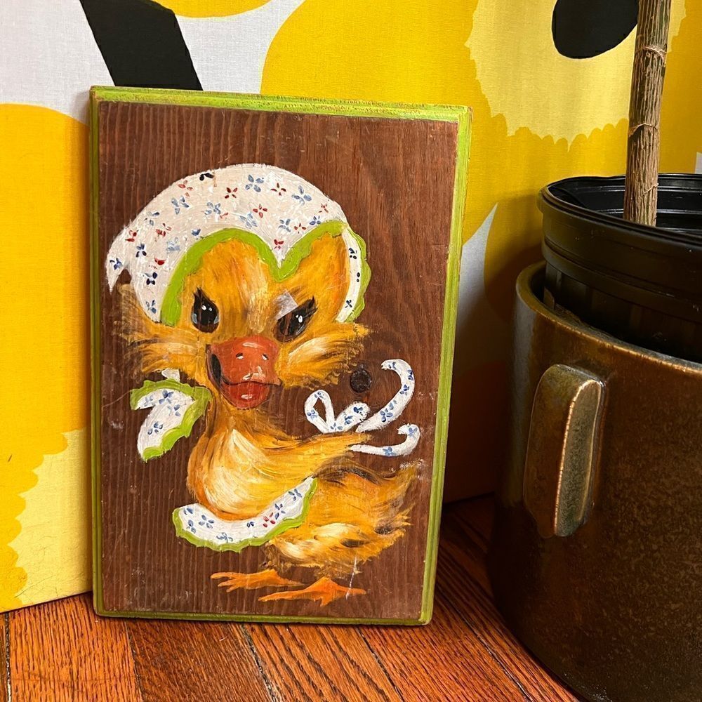 Quirky Vintage 1970s Handpainted Duckling Bonnet Apron Painting on Wood